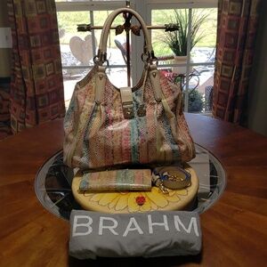 💘2PC BRAHMIN ELISA DOVE CORONADO CROC-EMBOSSED PLEATED LEATHER BAG-WALLET SET